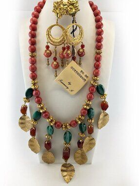 Vintage Saks 5th Ave Necklace Earrings 80s Ro-Do Gemstone Malachite Leaves Gold